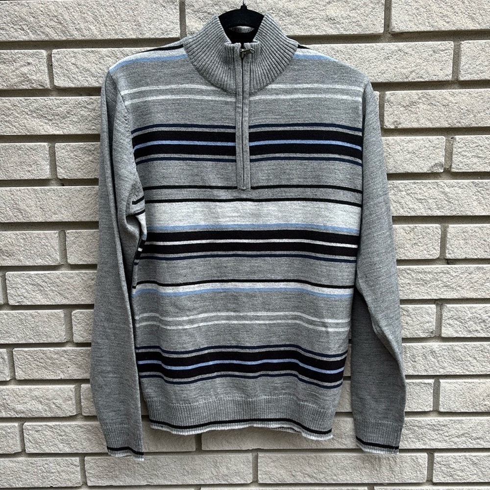 Kensington Eastside Quarter Zip Wool Blend Striped Sweater Grey/Blue Size M